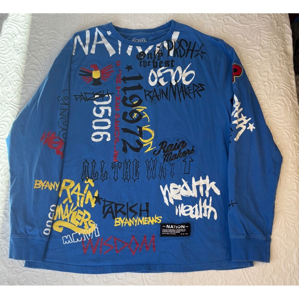 PARISH‎ Rain Makers Graphic Long Sleeve Shirt Blue 2X Men "Nation" "All The Way"